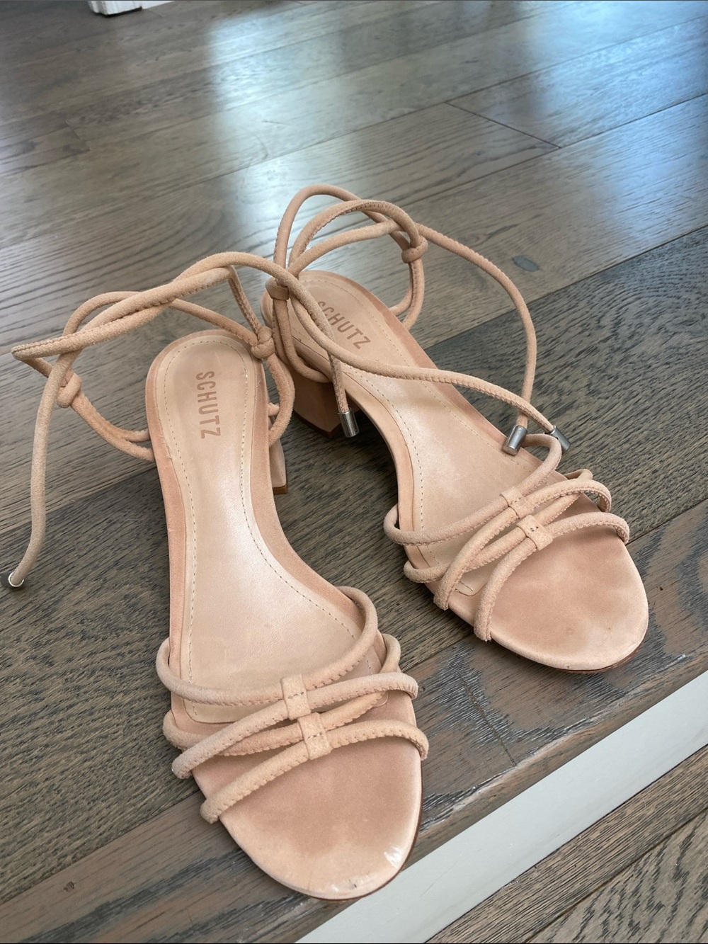 SCHUTZ Blush Nude Suede Lace-Up Heeled Sandals